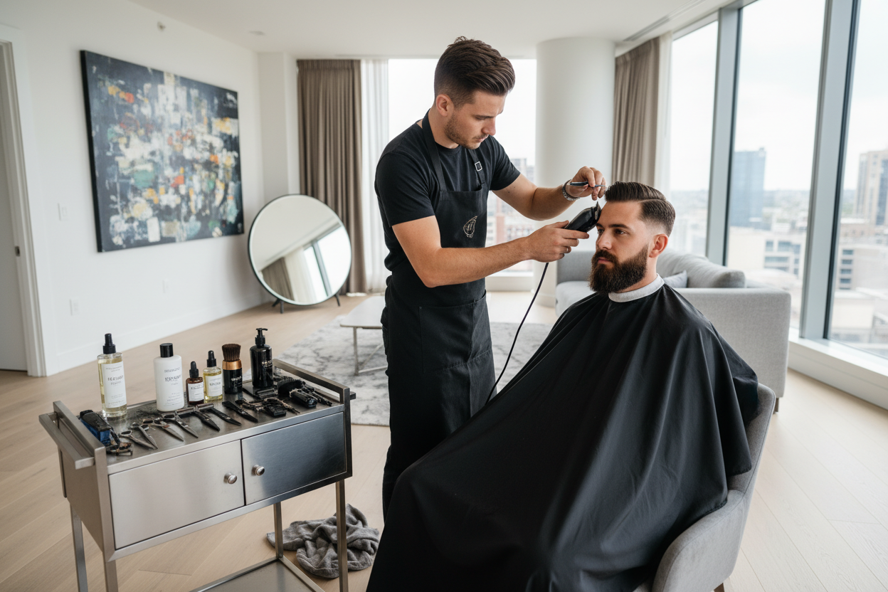 “Barber performing haircut and beard trim on a client at home, professional grooming tools, sharp beard line-up, luxury at-home grooming, clean modern interior.”