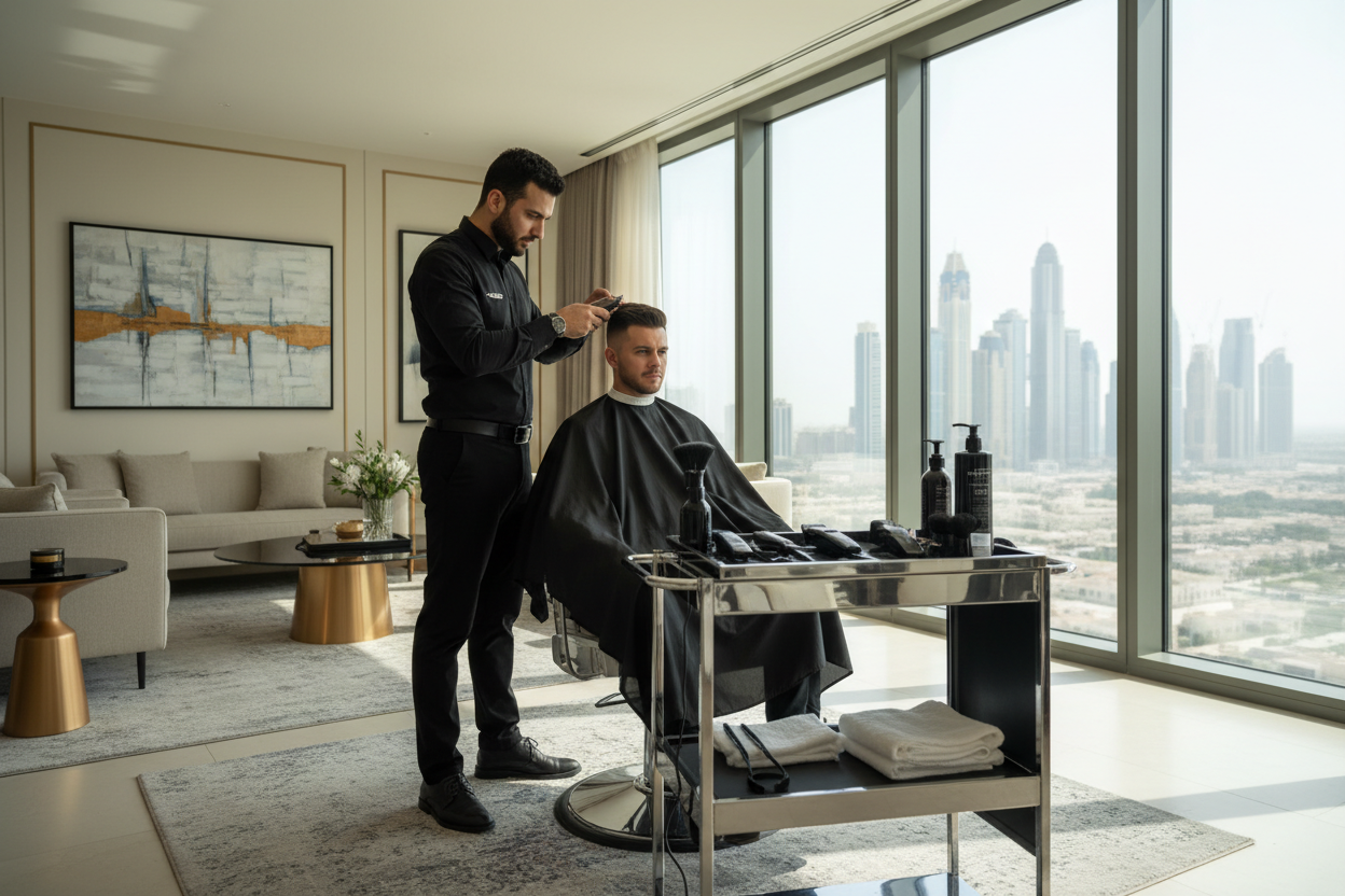 “Barber performing a clean skinfade fade haircut in a modern home, precise clipper work, luxury home grooming service, high-contrast fade, Dubai lifestyle aesthetic.”