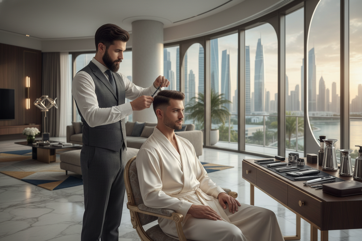 Professional barber giving a premium men’s haircut inside a modern home setting, clean lighting, stylish grooming tools, luxury at-home barber experience, Dubai aesthetic, sharp and neat haircut style.