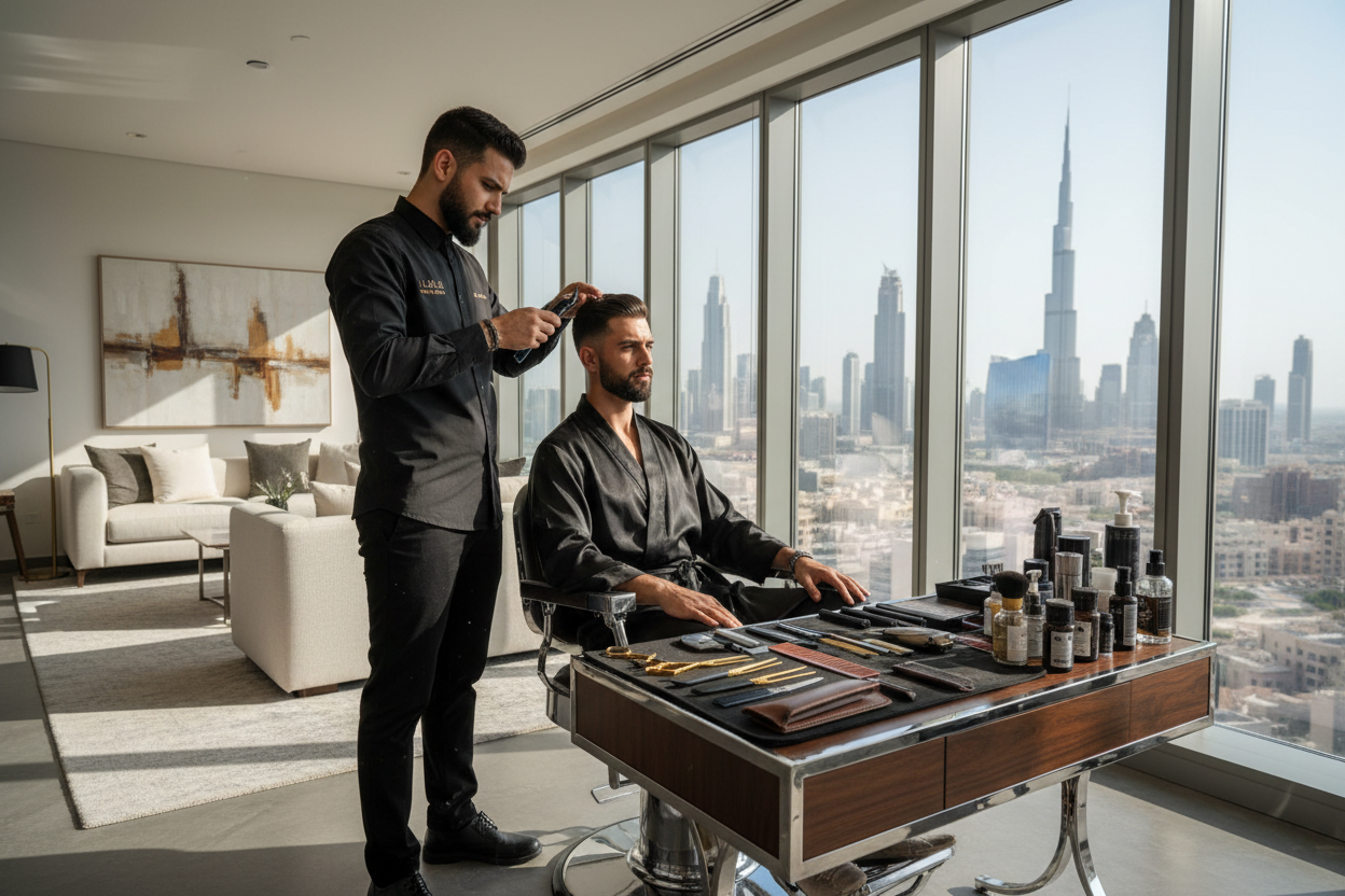 “Professional barber giving a skinfade and beard trim in a pent house apartment in Dubai, precise detailing, luxury mobile grooming experience, high-end barber tools, Dubai vibe.”